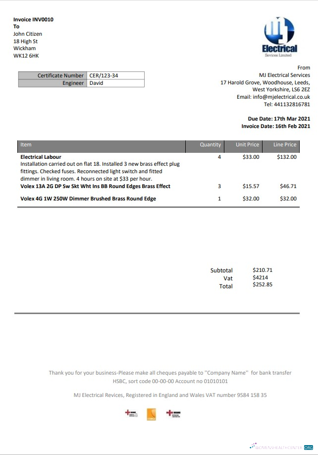 download United Kingdom MJ Electrical proof of address utility bill template in Word and PDF format PDF template